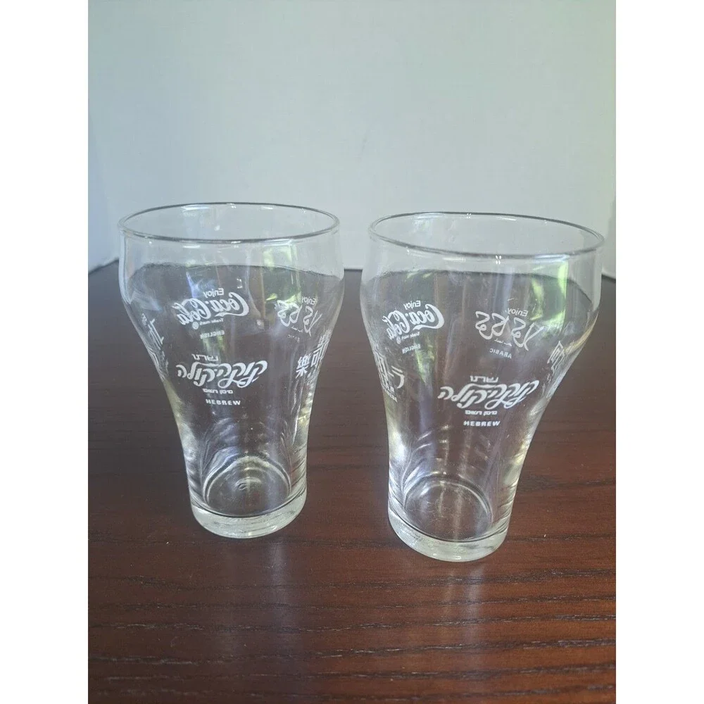 Set Of 2 Bell Shape Coke Glasses With Hebrew, English, Chinese, Japanese And...